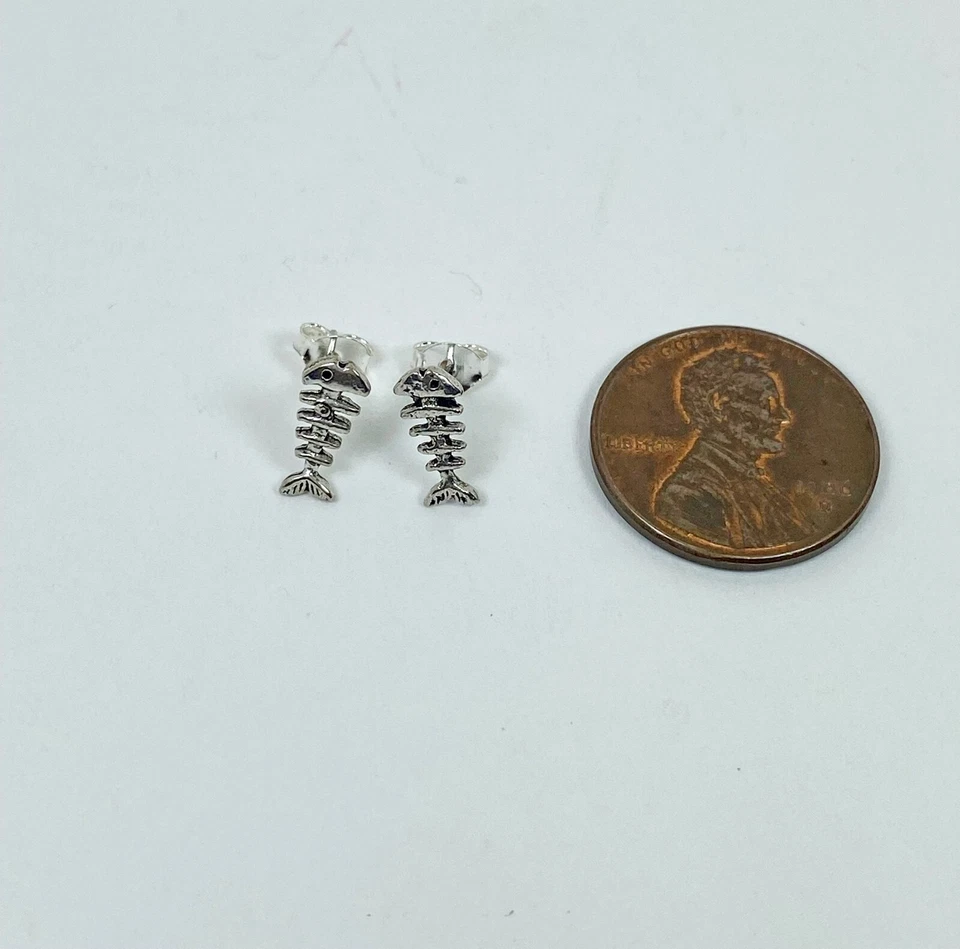 Minimalist Fishbone Stud Earrings 925 Sterling Silver, Handmade Teens Earrings - Image 4 of 4