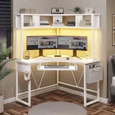 Corner Desk, Small Computer Desk with Hutch & LED Lights, Small Office Desk