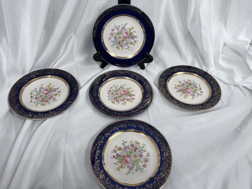 Set of 5 Century by Salem 23 Karat Gold Cobalt Blue Bread Plates - Picture 2 of 8