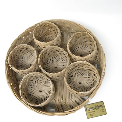 Vtg Handmade NOS Boho Round Woven Serving Basket w 5/ Cup Holders Sleeves 