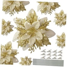 12 PCS Poinsettias Artificial Christmas Flowers 5.5" Glitter Poinsettias Gold