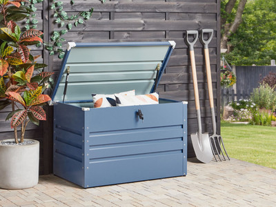 Metall-Gartentruhe 300 l blau Kissenbox Auflagenbox für die Terrasse wasserdicht