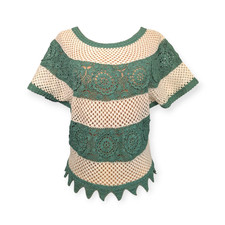 Cream  Sage Vintage Cotton Crochet Top  Shanghai Handmade Small