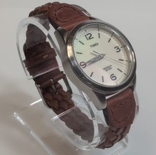 Timex Indiglo Ladies Weekender Quartz Wristwatch Brown Leather Band White Dial