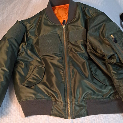 Rothco Men's L Green MA-1 Style Bomber Jacket Orange Lining Zip Sleeve Pocket