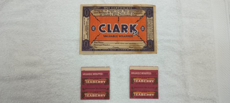 Rare 1930s Teaberry Gum Wrappers and 5¢ Clark Candy Bar Wrapper - Lot of 3