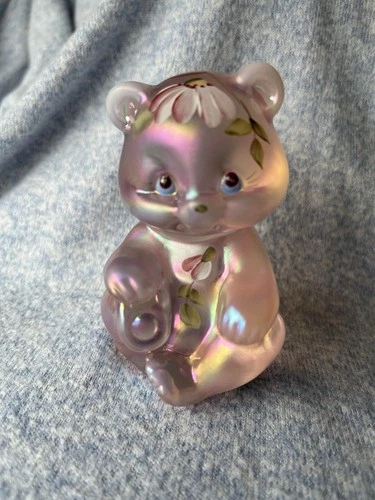 Fenton Bear Figurine, Pink Iridescent Glass, Hand Painted, Signed D. Wright