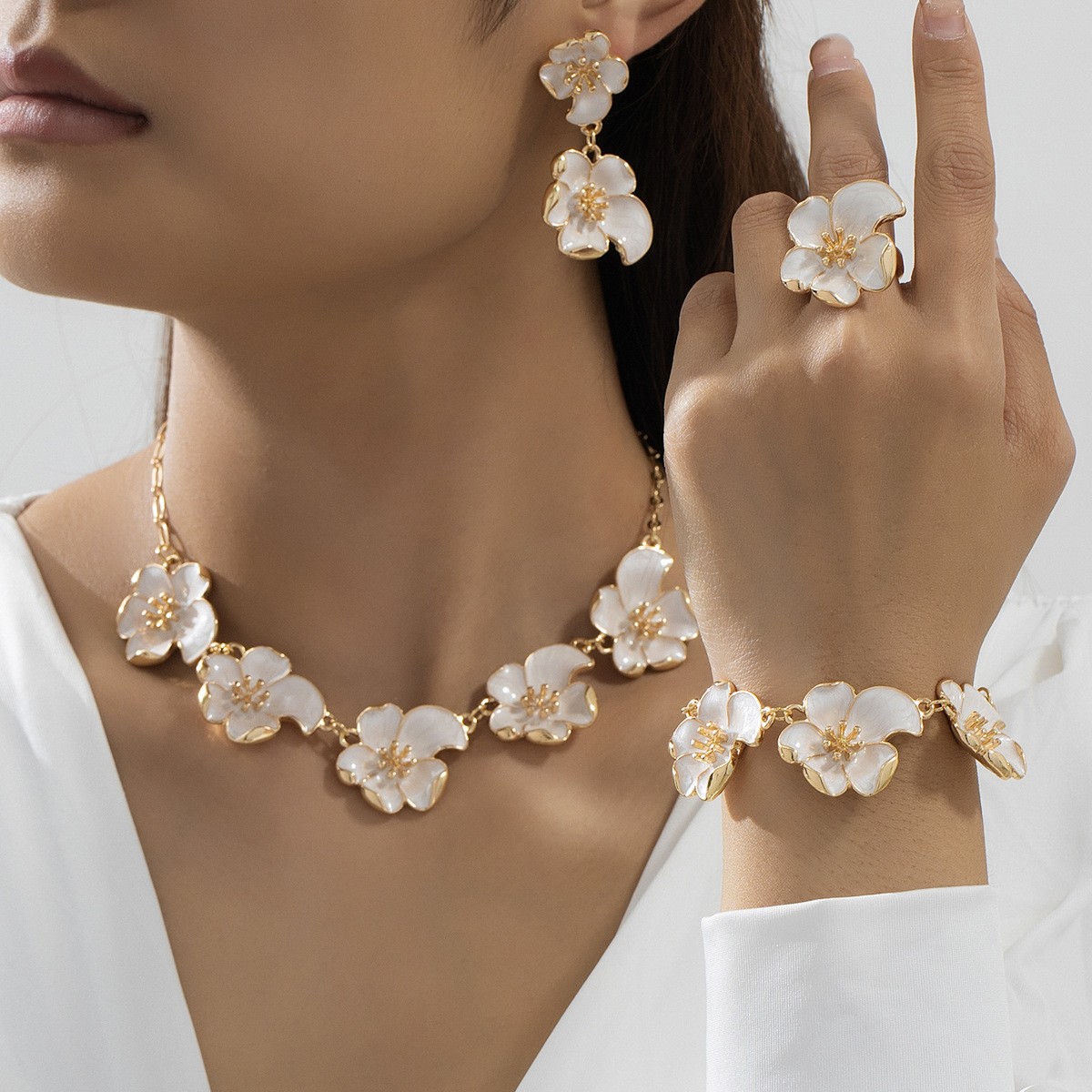 Craft White Floral Necklace Bracelet Earrings Ring Vintage Style