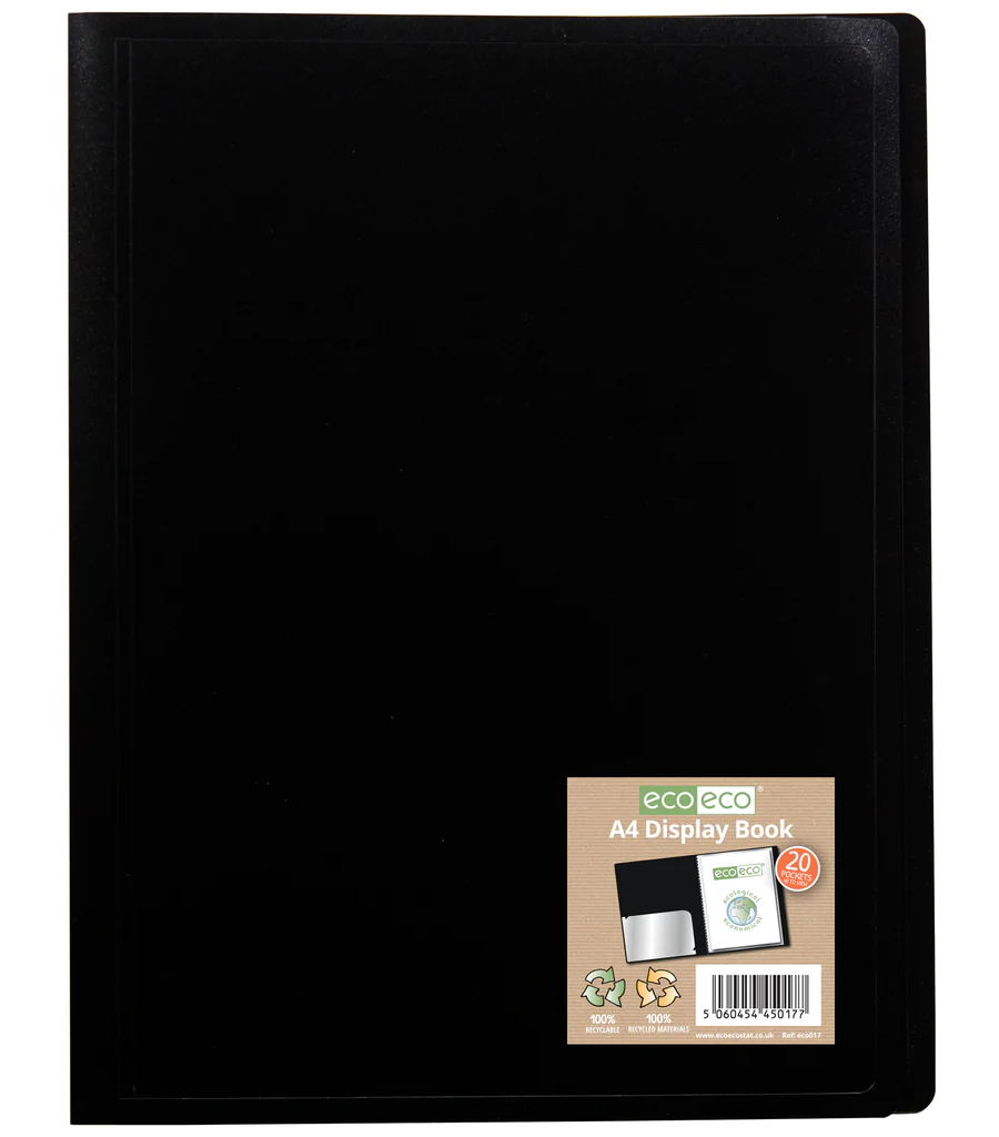eco eco A4 20 Pocket Flexicover Display Book Black Home Office 100% Recycled