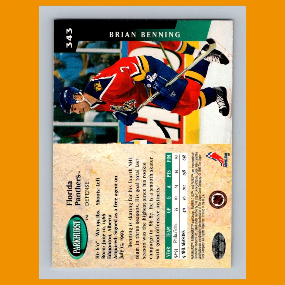 Brian Benning #343 1993 Parkhurst Emerald Ice Florida Panthers Hockey Card NHL - Image 2 of 3