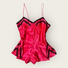 Vtg 90s Victoria s Secret Bodysuit Lingerie Red Satin Black Lace Embroidered Md