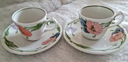 VILLEROY & BOCH RETIRED "AMAPOLA" PATTERN SET OF 2 VTG COFFEE/TEA CUPS & SAUCERS
