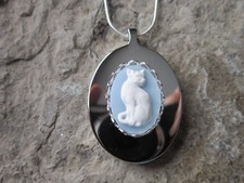 STAINLESS STEEL WHITE CAT ON BLUE CAMEO URN NECKLACE - MOURNING, ASHES, FUR