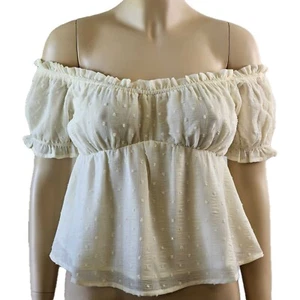 On Off Shoulder Blouse Empire Waist Top Short Sleeve Swiss Dot NWT front