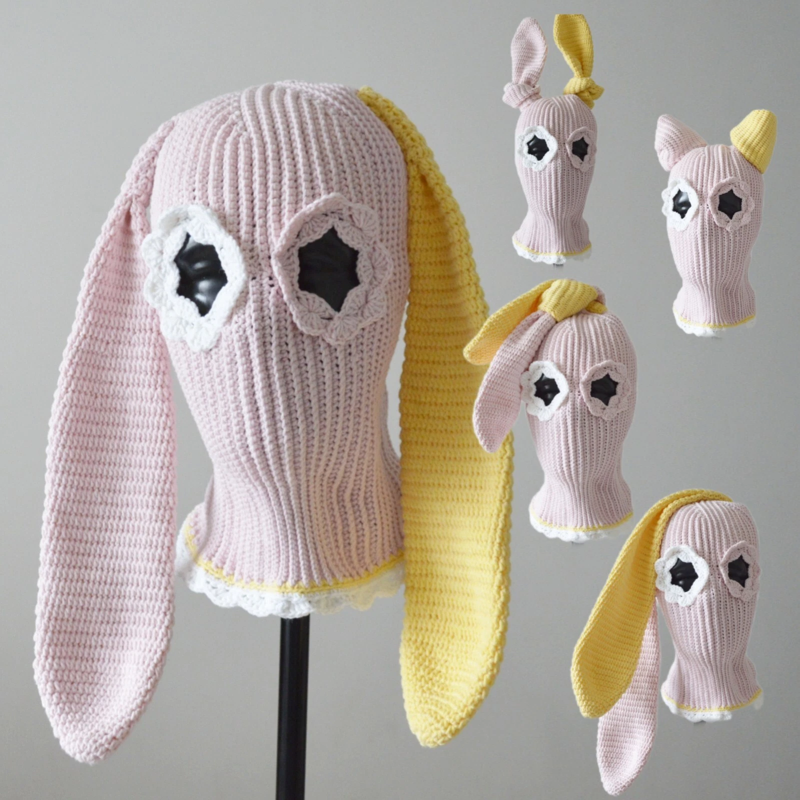 Custom Pink Crochet Bunny Balaclava Cut Knit Ski Mask Two Holes With Ears