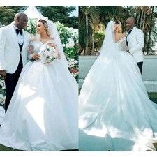 Sparkly Long Sleeves Ball Wedding Dresses Sequins Off Shoulder Tulle Bridal Gown