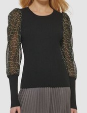79 DKNY Women's Black Print Sleeve Ribbed Knit Crewneck Sweater Top Size XL