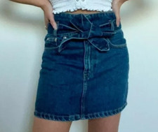 PULL  BEAR Denim Skirt Mid Blue Sz 28 A Line with Tie Belt Dressy