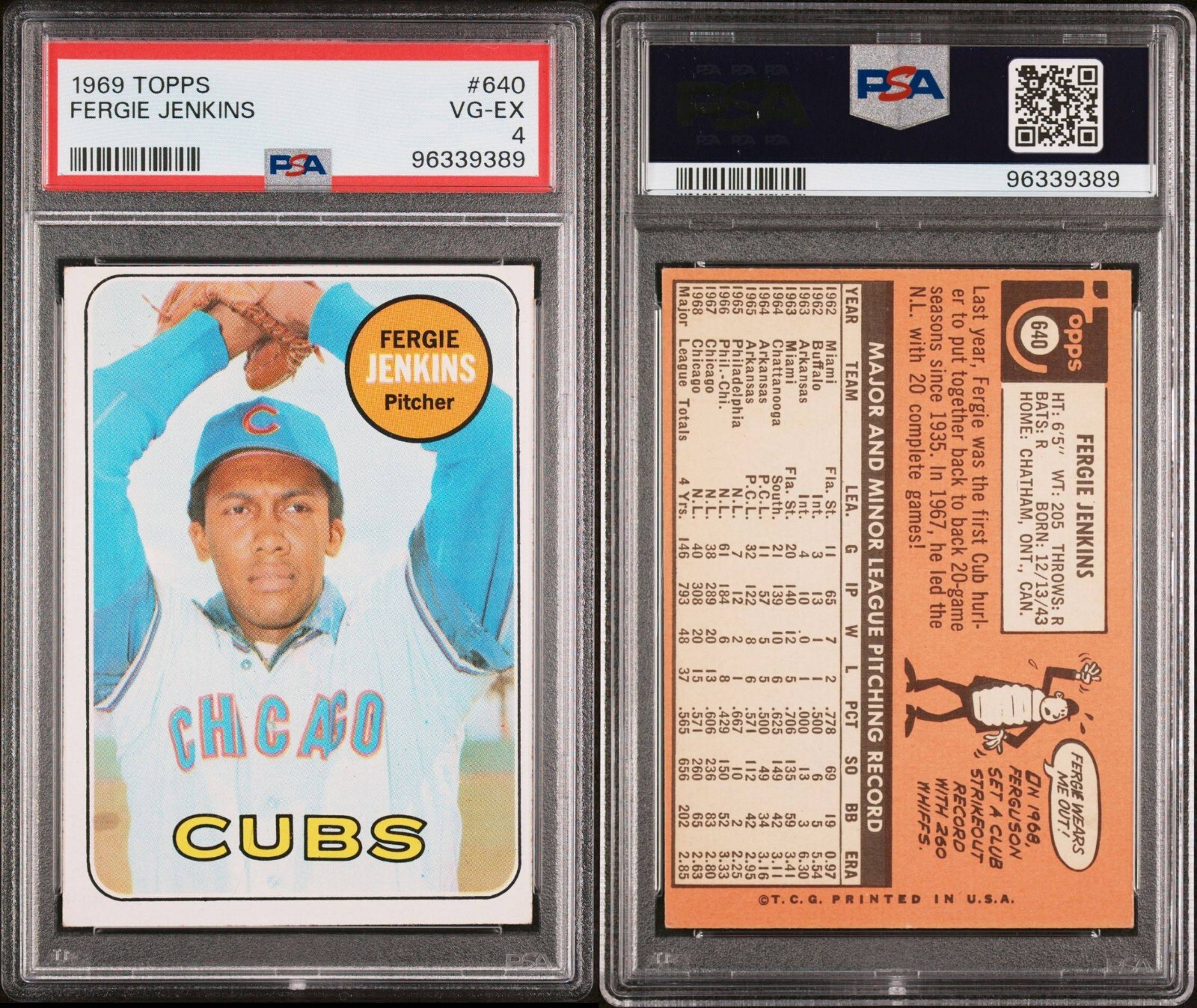 1969 TOPPS #640 FERGIE JENKINS, PSA 4 VG-EXCELLENT, FRESH GRADE, HOF