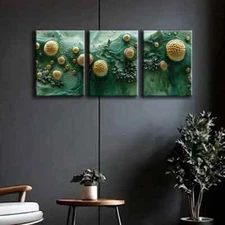 3pcs Abstract Green & Golden Designs Wall Art Canvas Framed 50x70cm