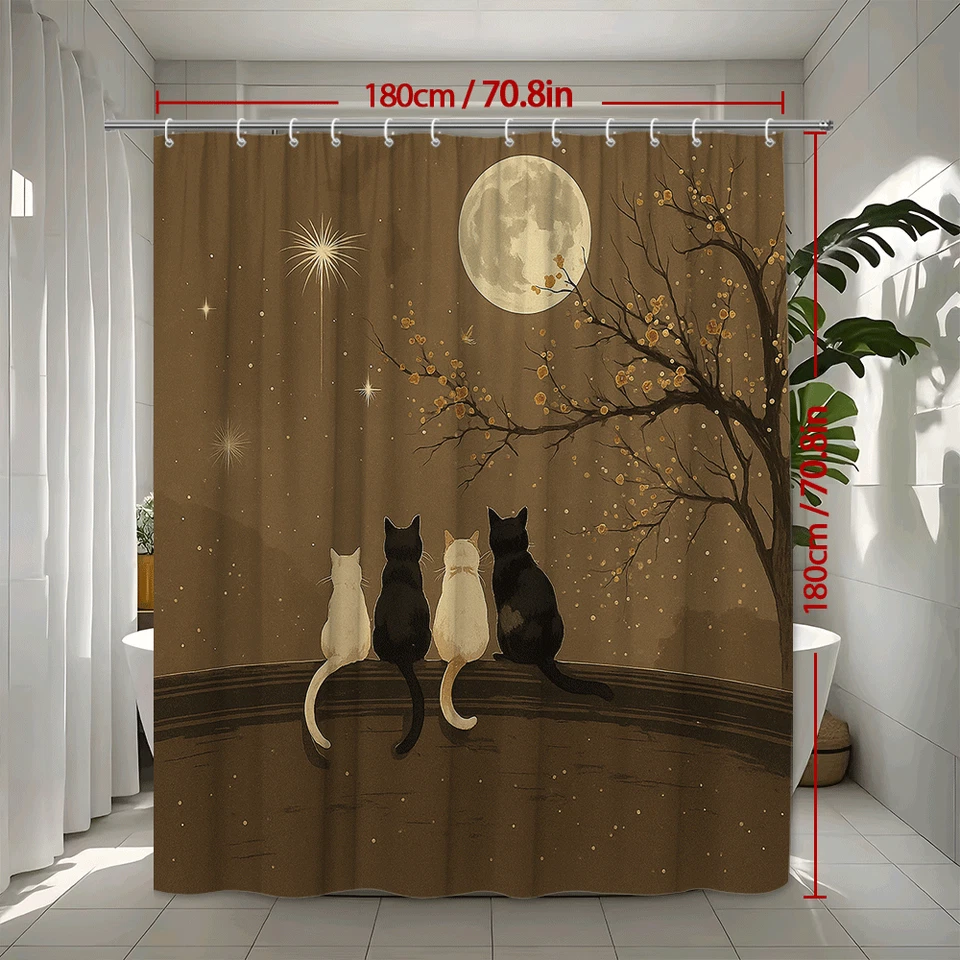 1 pieza Cortina de Ducha Gato Luna Noche Negro Blanco Gatos Árbol Cielo Estrellado Baño Decoración Foto 3 de 4