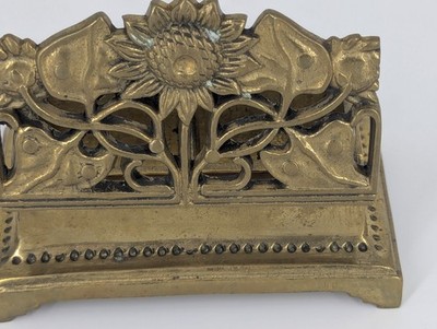 Art Nouveau Cast Brass Double Inkwell Sunflower Motif Desk Set c1900