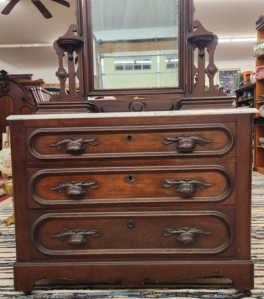 Victorian 1865-1875 Walnut Renaissance 3 Drawer Dresser W/Mirror + Marble Top - Image 4 of 4