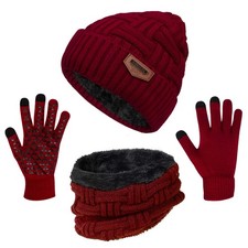 Winter Beanie Hat Scarf Touch Screen Gloves Set for Men Women, Wine Red