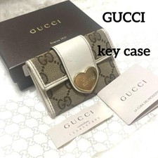 Gucci GG Canvas Key Case Beige White Heart Motif With Box From Japan