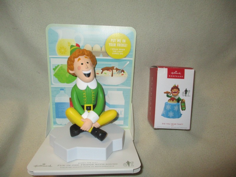 Hallmark Buddy the Elf Fun in the Fridge figure & Did you hear that? ornament