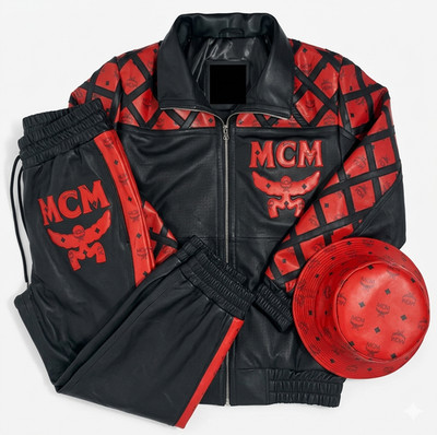 Vintage Red Leather Tracksuit Jacket, Pants & Bucket Hat Monogram Logo Set
