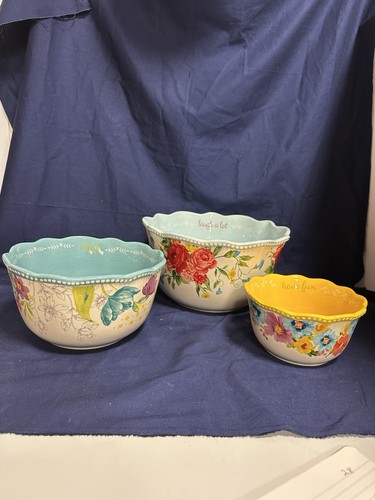 Pioneer Woman Floral Serving Bowls Scalloped Edge Stoneware Set of 3 - Afbeelding 5 van 12