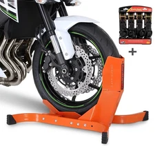 Motorcycle Front Wheel Chock Set orange with ratchet straps hooks ConStands Easy
