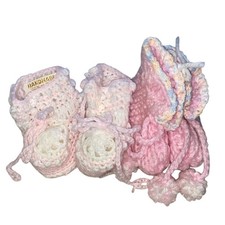 Vtg Knit Handmade Pink  White Baby Booties Bundle