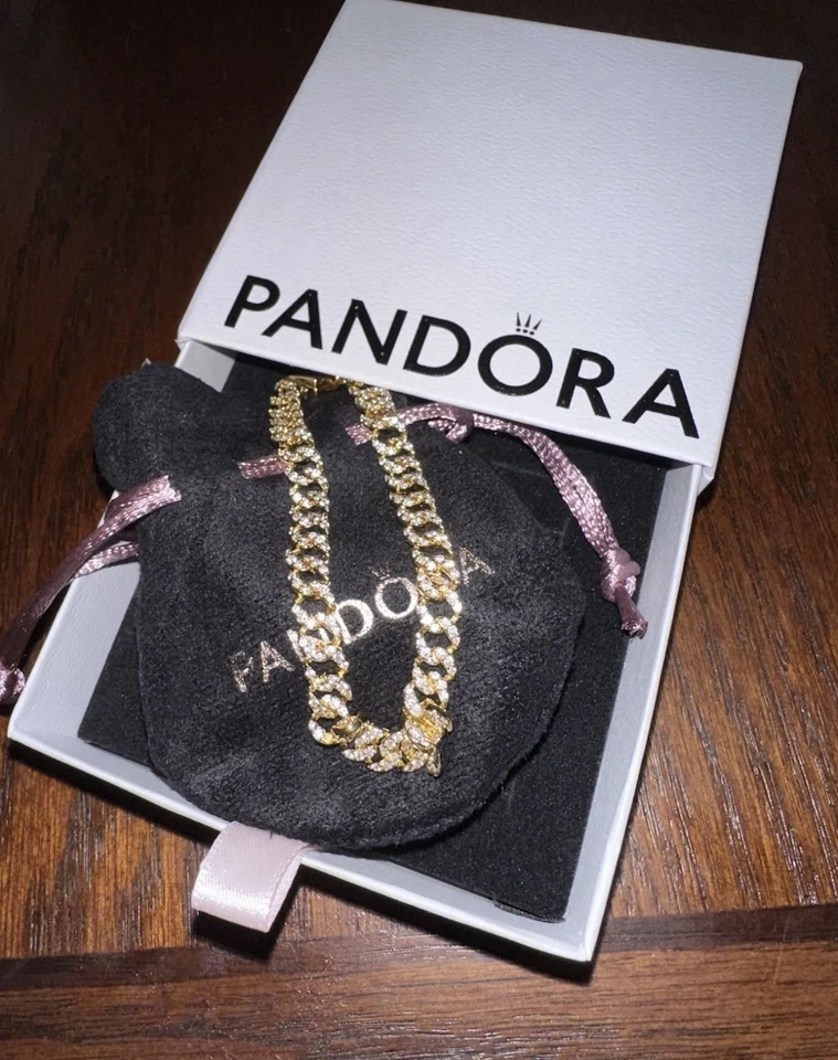 Nuevo Brazalete Cadena Cubana Pavé atemporal Oro 14K Pandora 100% Auténtico 7 pulgadas Foto 3 de 4