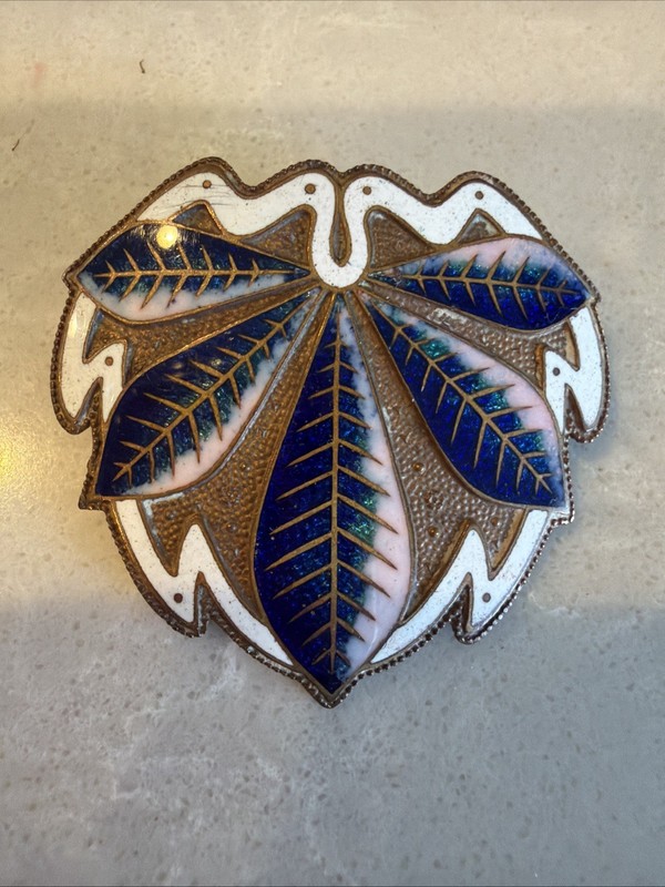 Antique Art Nouveau Champleve Enamel Leaf Brooch Pin Gilt Brass See Images H5
