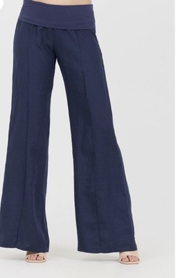 Fresh Laundry Foldover Linen Pants Ink Blue Large $198 Boho Loose Wide Leg