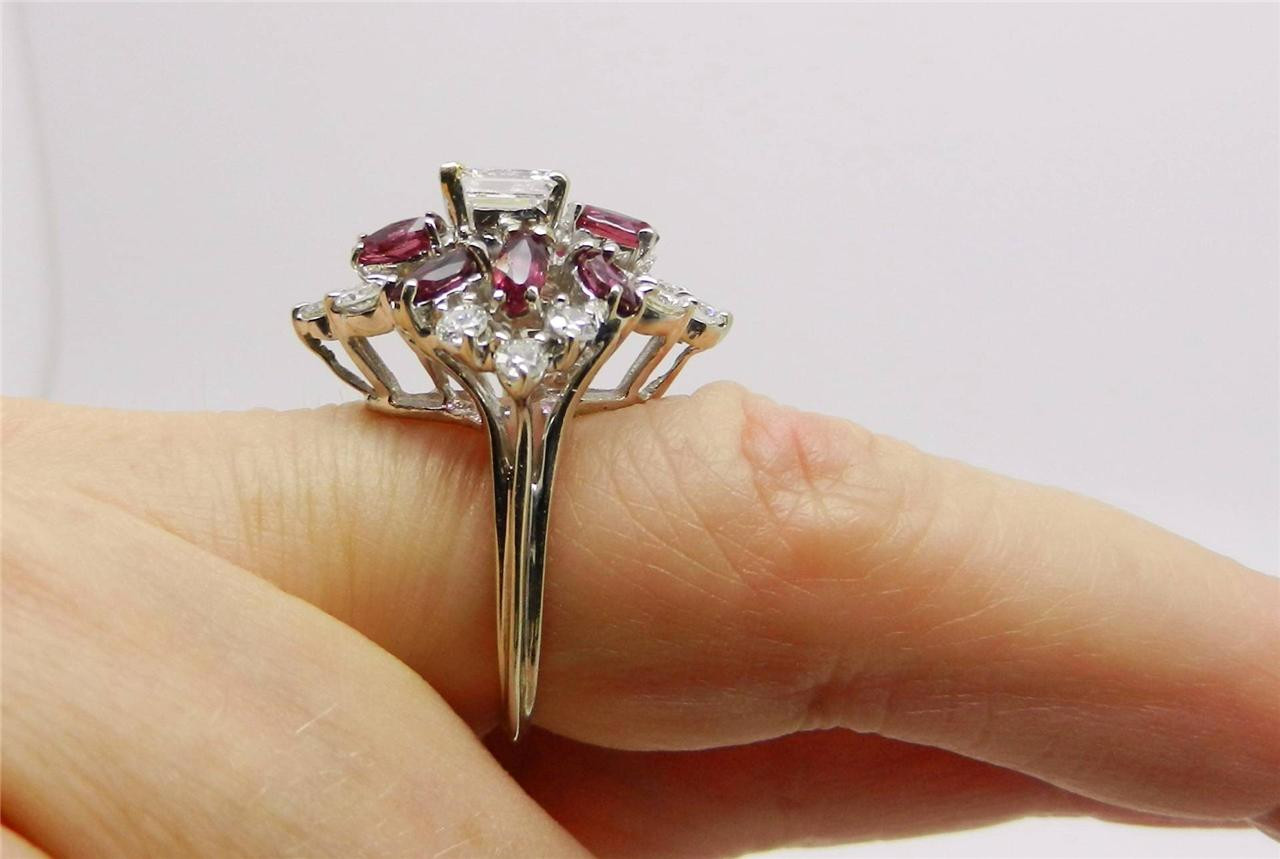 Vintage Solid 14K White Gold Diamond Ruby Cluster… - image 8