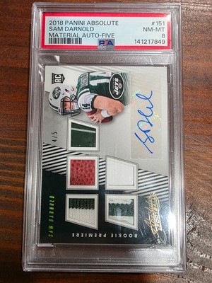 2018 Panini Absolute Material Autograph Five Sam Darnold #151 /5 PSA 8
