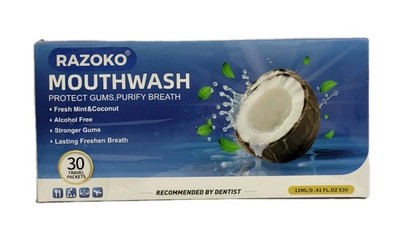 RAZOKO Mouthwash 30 Travel Packets Fresh Mint & Coconut Alcohol Free Oral Care