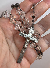 Vintage Clear Galss Crystal Rosary 19"Long Silver Toned