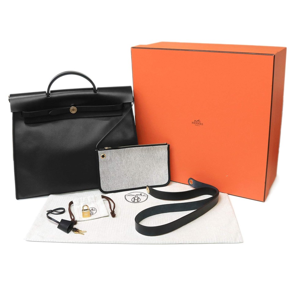 Hermes Herbag Zip 39 MM Handbag Shoulder Bag Canvas Leather Ecru Noir Black 99