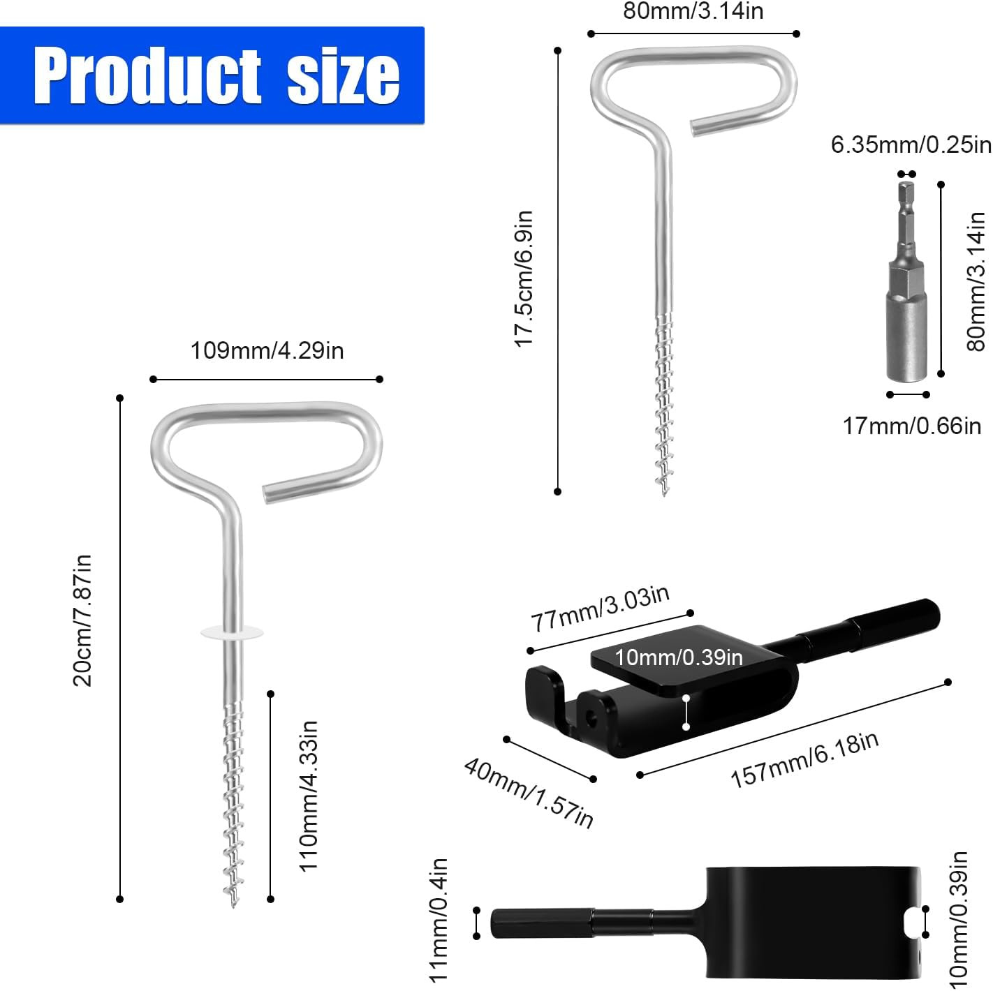 Ice Anchor Tool Kit with Drill Adapter and Threaded Peg Ice Fishing Tent Stakes