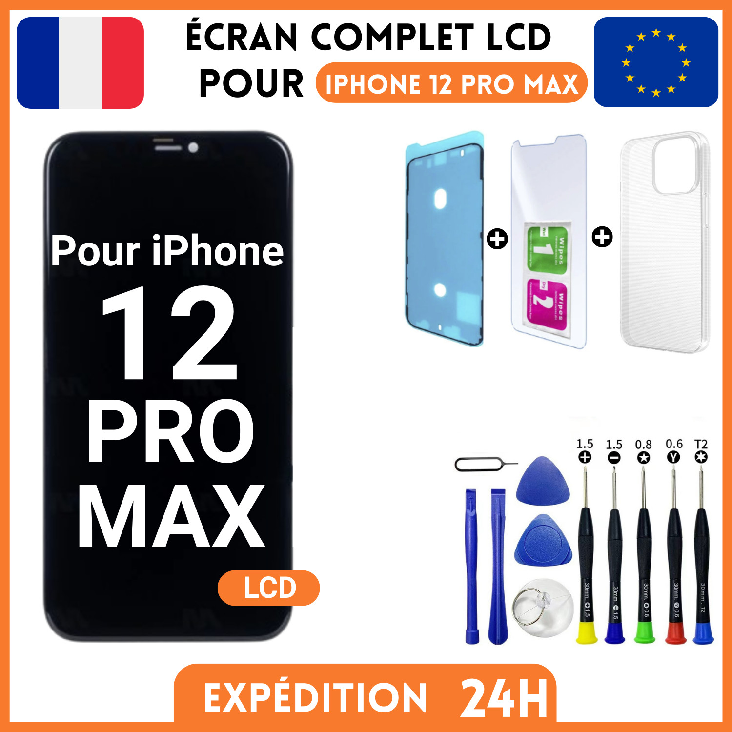 Écran iPhone 12 Pro Max LCD haute réactivité tactile avec kit adhésif de montage