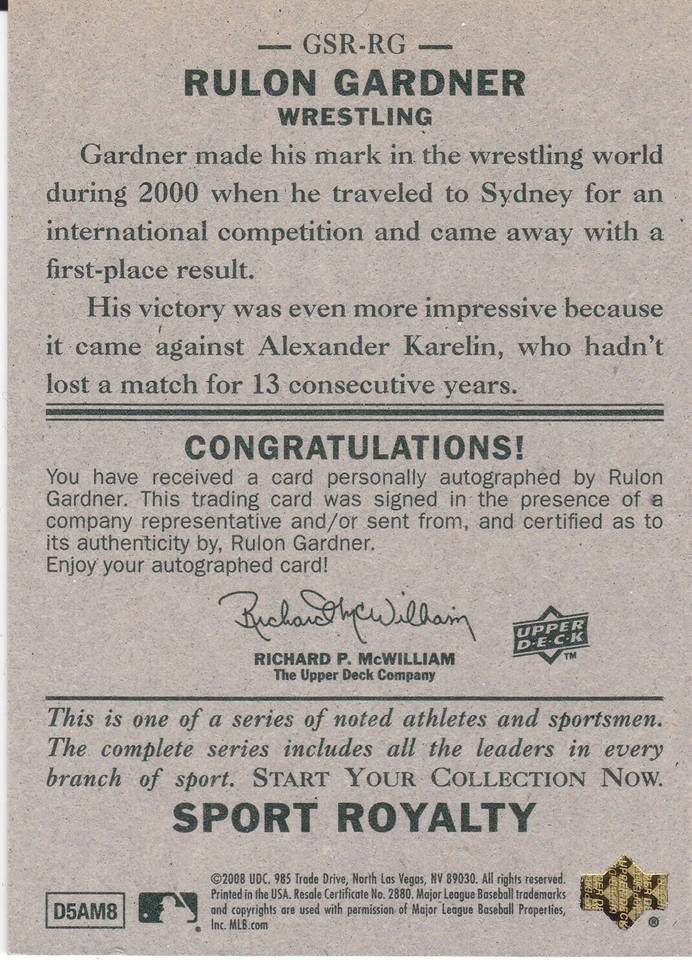 RULON GARDNER - 2008 Upper Deck Goudey Sports Royalty Autograph Card Lot (4) - Image 4 of 4
