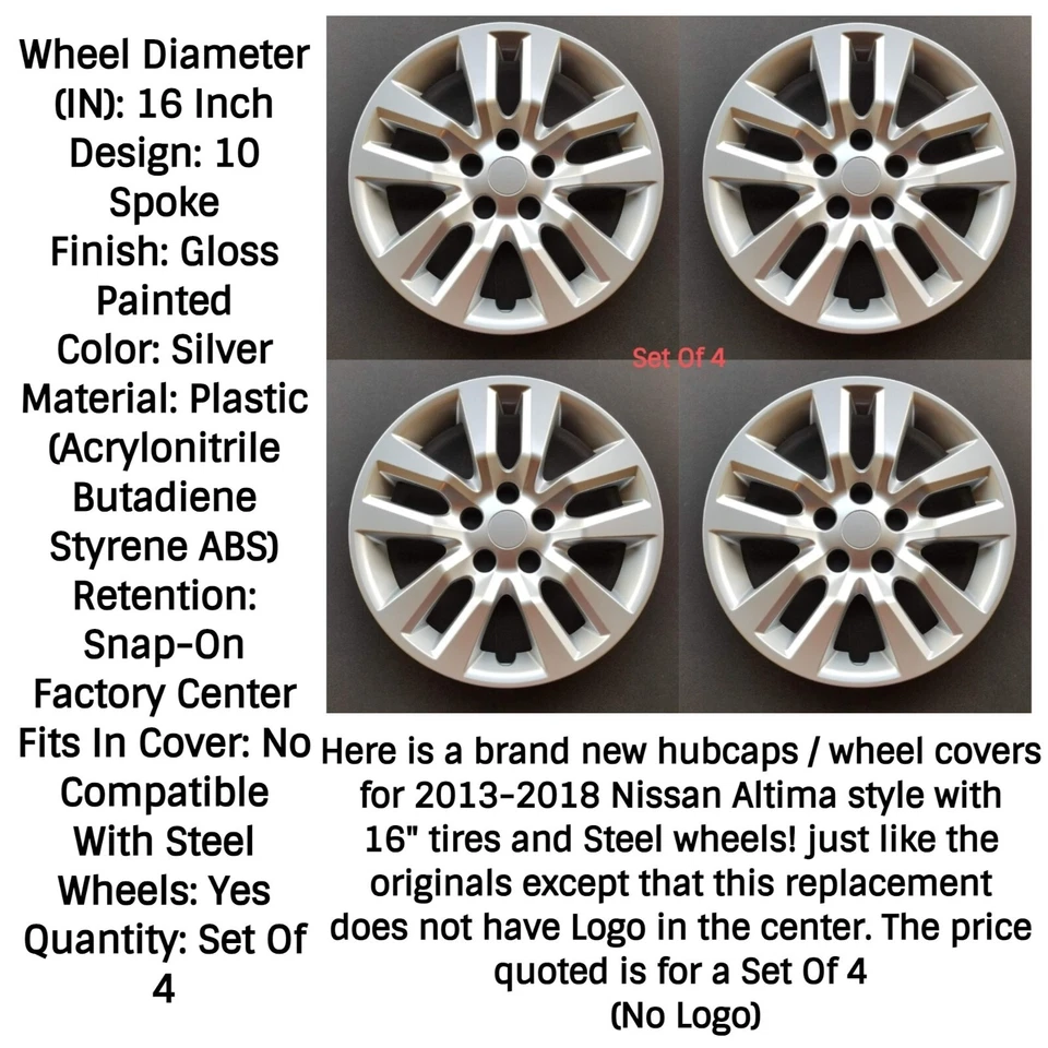 Wheel Covers Hubcaps Fits 2013 2017 Nissan Altima 16" Silver Set of 4 # 505-16S Foto 2 de 4
