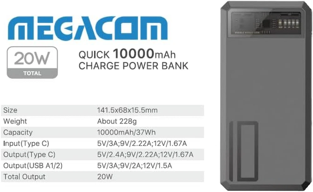 10000mAh 20W Power Bank with Type-C & Dual USB-A Ports - LED Display (ME-1033)
