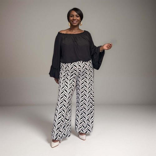 PANTALONES DE MUJER SEÑORA PALAZZO TALLA GRANDE ESTAMPADO ESPINA DE ARENQUE CINTURA ELÁSTICA ANCHA LE - Imagen 5 de 5