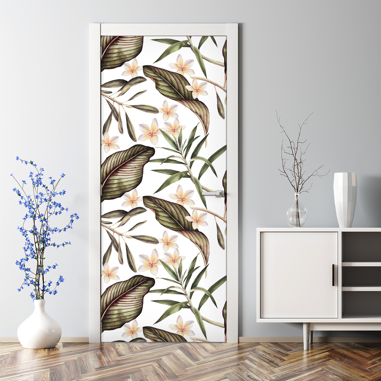 Bubble Free Door sticker Tropical Flowers Floral s Leaves Tropical Mural Home