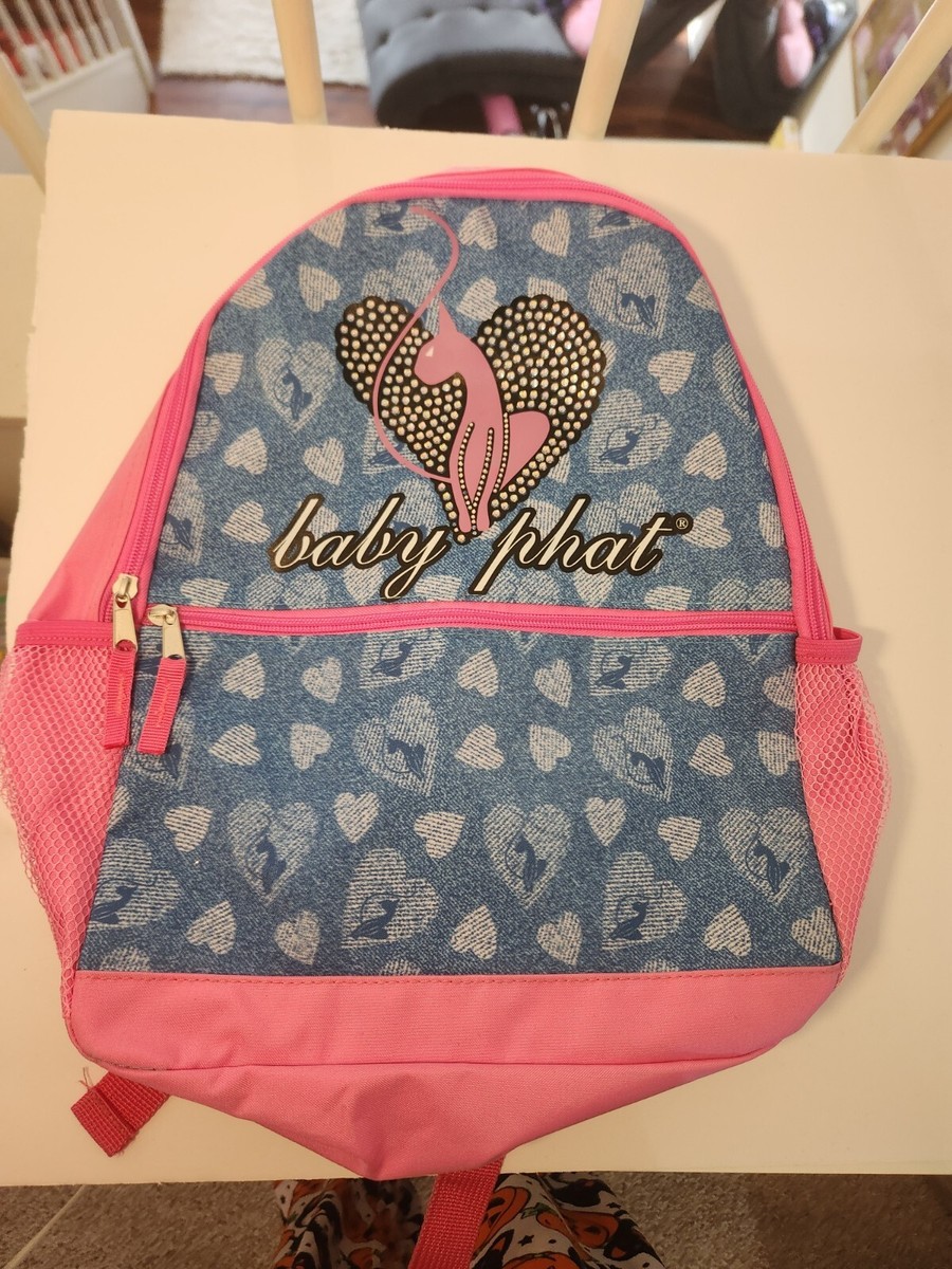 Baby Phat Backpack Book Bag Pink Rhinestones Heart Blue Jean  display picture 2